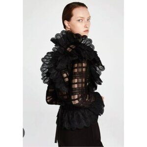 SIMONETT Cedrina Top Black Lace Ruffle Sheer Grid Blouse Long Sleeve V-Neck M